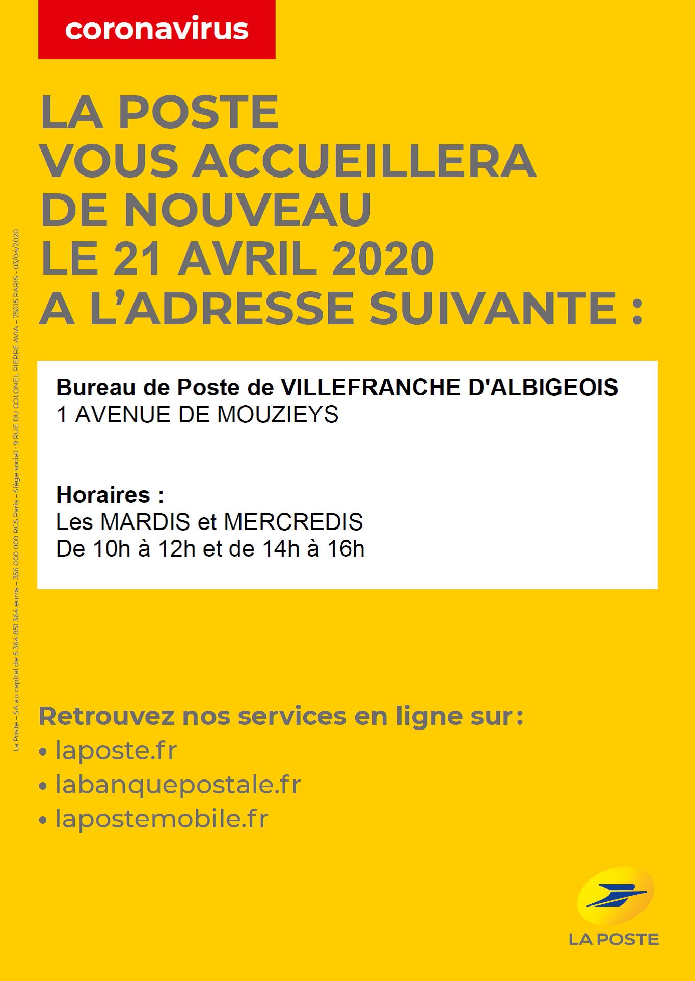 Le guichet de la Poste de Villefranche rouvre le mardi 21 avril 2020 !